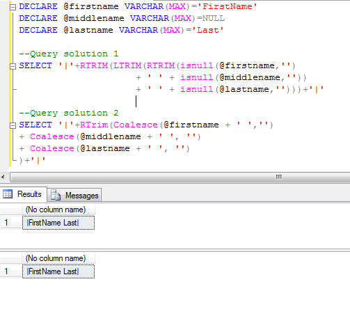 Concat First Middle and Last name in Sql